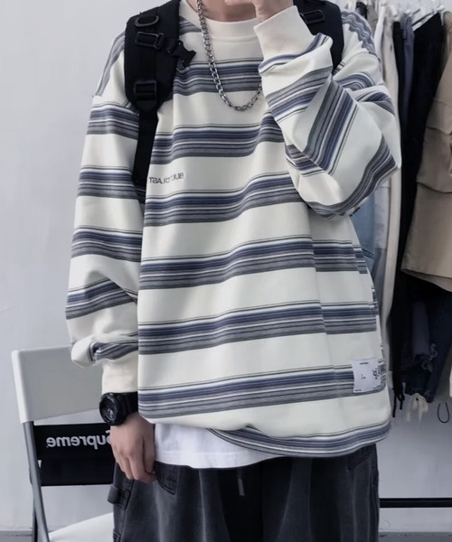 VIBGYOR（ヴィブジョー）の「ワンポイントマルチボーダールーズロンT/ユニセックス 韓国(CZ)（Tシャツ/カットソー・メンズ・ブルー/イエロー・MEDIUM/LARGE）」の6枚目の写真