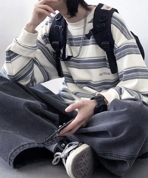 VIBGYOR（ヴィブジョー）の「ワンポイントマルチボーダールーズロンT/ユニセックス 韓国(CZ)（Tシャツ/カットソー・メンズ・ブルー/イエロー・MEDIUM/LARGE）」の8枚目の写真
