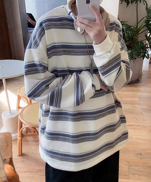 VIBGYOR（ヴィブジョー）の「ワンポイントマルチボーダールーズロンT/ユニセックス 韓国(CZ)（Tシャツ/カットソー・メンズ・ブルー/イエロー・MEDIUM/LARGE）」の9枚目の写真