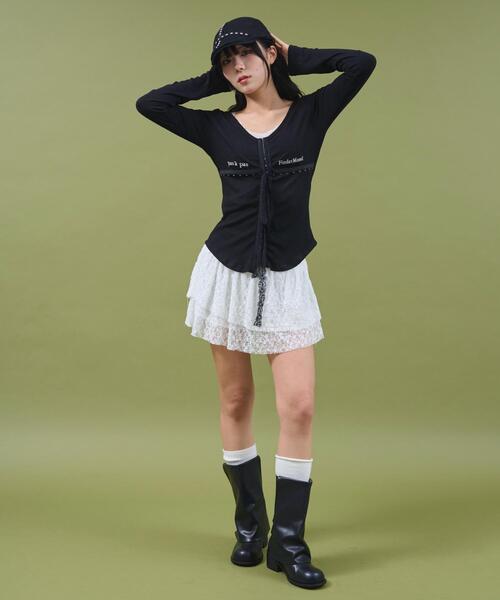 dispark（ディスパーク）の「DISPARK/【25年秋冬新作】ロゴ刺繍レースフックカーデ（Tシャツ/カットソー・レディース・ブラック/ホワイト・FREE）」の4枚目の写真