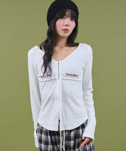 dispark（ディスパーク）の「DISPARK/【25年秋冬新作】ロゴ刺繍レースフックカーデ（Tシャツ/カットソー・レディース・ブラック/ホワイト・FREE）」の5枚目の写真