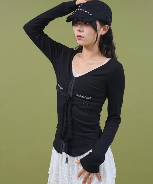 dispark（ディスパーク）の「DISPARK/【25年秋冬新作】ロゴ刺繍レースフックカーデ（Tシャツ/カットソー・レディース・ブラック/ホワイト・FREE）」の9枚目の写真