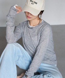 フィンガーホール付き レイヤード風シアーテレコ長袖Tシャツ