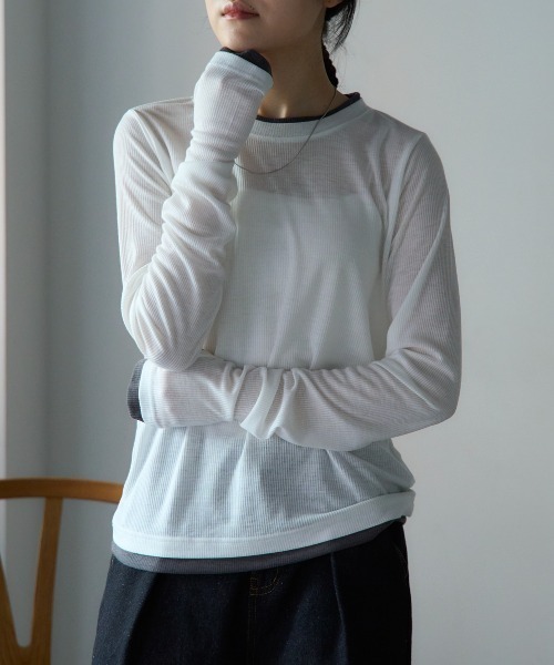 TRIANGLE PALETTE(トライアングルパレット)の「フィンガーホール付き レイヤード風シアーテレコ長袖Tシャツ(Tシャツ/カットソー・レディース・ホワイト/ブラック/グレー/ネイビー/ピンク・FREE)」の6枚目の写真