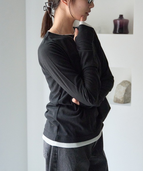 セール】フィンガーホール付き レイヤード風シアーテレコ長袖Tシャツ