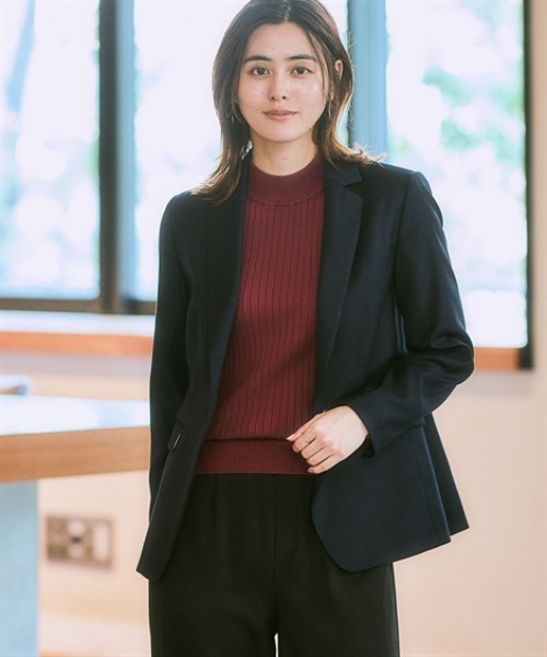 セール】洗えるウール調ロング丈テーラードジャケット(ストライプ裏地