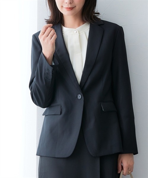 セール】洗えるウール調ロング丈テーラードジャケット(ストライプ裏地