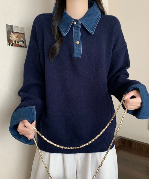 FAVORITO(ファヴォリート)の「デニム切り替えニットトップス(ニット/セーター・レディース・ブラウン/ダークブルー/グレー・F)」の7枚目の写真