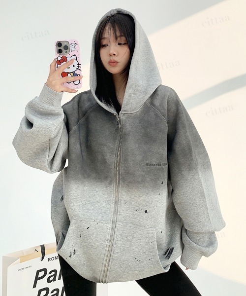 Dalfwin(ダールフィン)の「韓国ファッション ヴィンテージグラデーションジップアップパーカー(パーカー・レディース・チャコールグレー・FREE)」の5枚目の写真