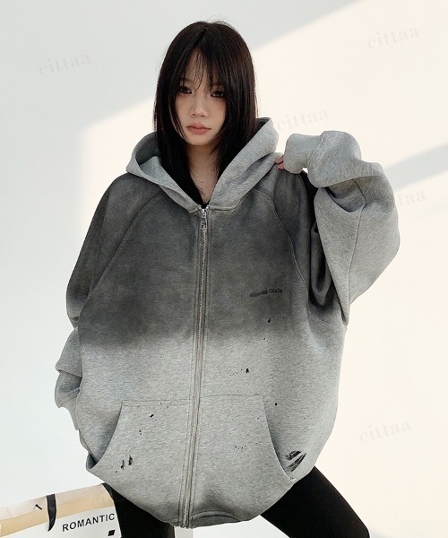 Dalfwin(ダールフィン)の「韓国ファッション ヴィンテージグラデーションジップアップパーカー(パーカー・レディース・チャコールグレー・FREE)」の4枚目の写真
