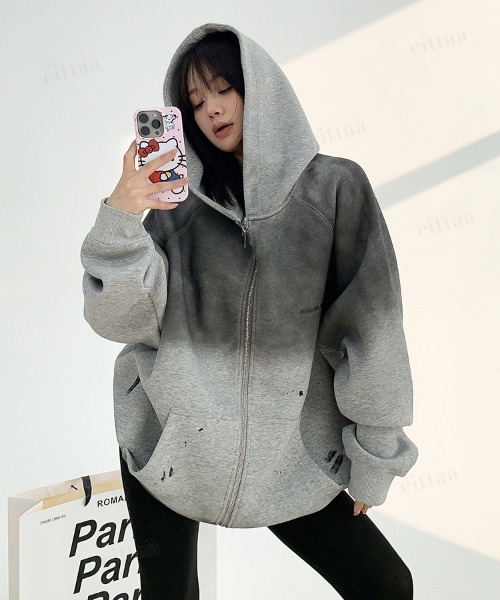 Dalfwin(ダールフィン)の「韓国ファッション ヴィンテージグラデーションジップアップパーカー(パーカー・レディース・チャコールグレー・FREE)」の6枚目の写真