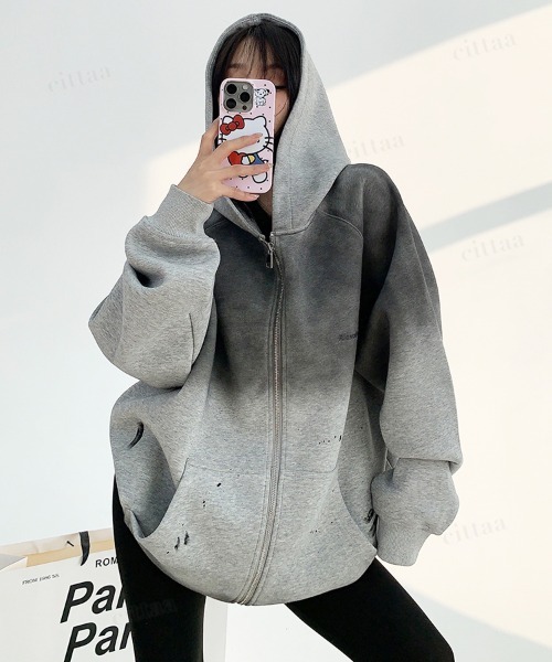 Dalfwin(ダールフィン)の「韓国ファッション ヴィンテージグラデーションジップアップパーカー(パーカー・レディース・チャコールグレー・FREE)」の8枚目の写真