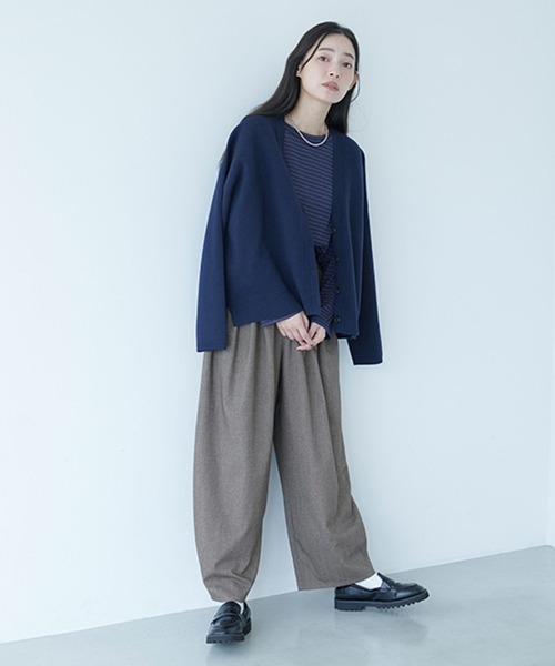 ダブルフェイスVネックカーディガン　ネイビー セール】《natural by clip/マシンウォッシャブル》12ゲージダブル