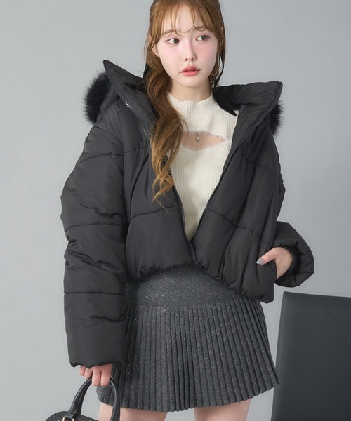 フード付きショートフェイクダウンジャケット（ダウンジャケット