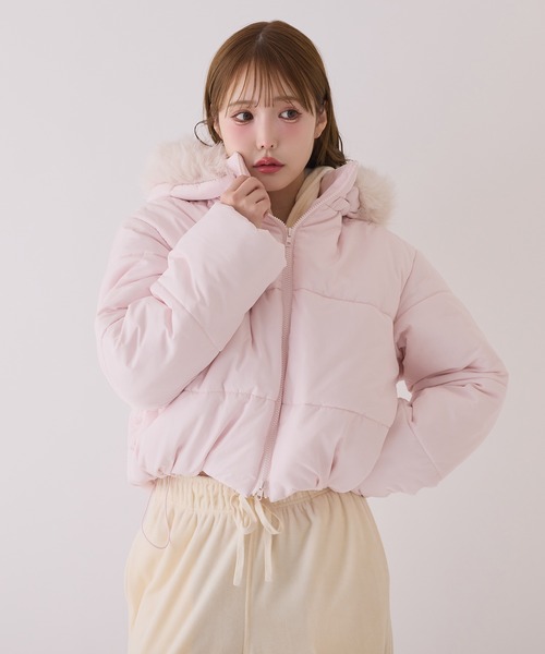 今すぐお届け可能!】フード付きショートフェイクダウンジャケット
