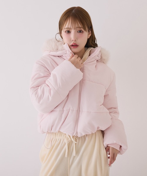 フード付きショートフェイクダウンジャケット（ダウンジャケット