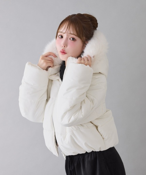 セール】フード付きショートフェイクダウンジャケット（ダウン