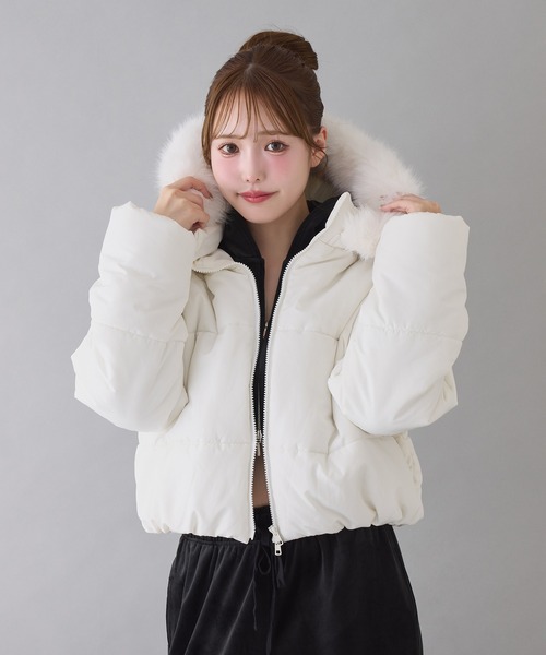 セール】フード付きショートフェイクダウンジャケット（ダウン