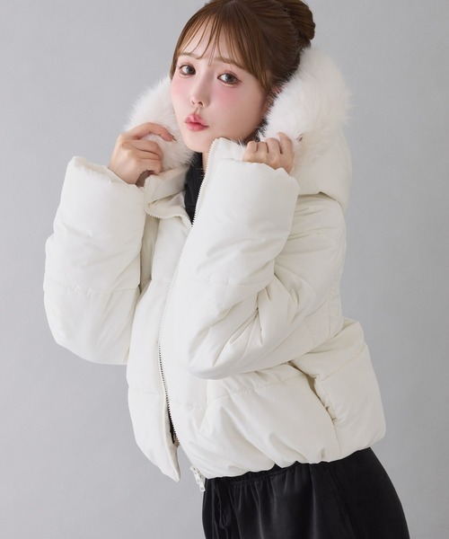 セール】フード付きショートフェイクダウンジャケット（ダウン