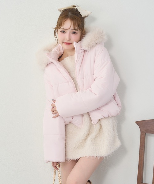 セール】フード付きショートフェイクダウンジャケット（ダウン