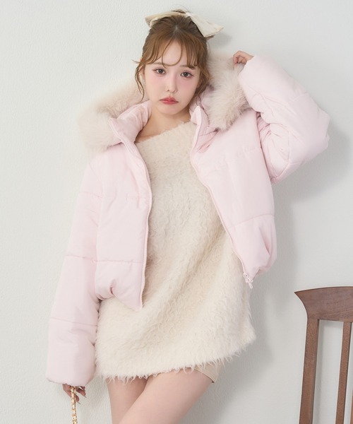 フード付きショートフェイクダウンジャケット（ダウンジャケット