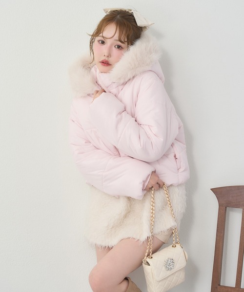 セール】フード付きショートフェイクダウンジャケット（ダウン