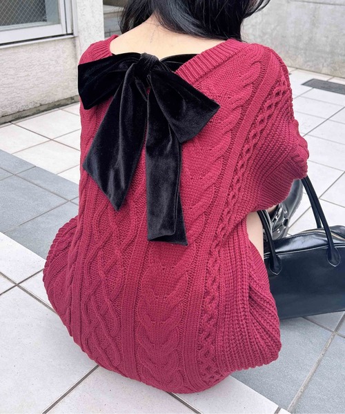 INGNI（イング）の「バックベロアリボンケーブルチュニックニット（ニット/セーター・レディース・アイボリー系3/チャコールグレー×ブラック/ワイン系4/ベージュ系2・M）」の5枚目の写真