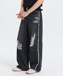 Side Line Damage Denim Pants (Black)