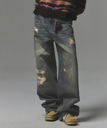 NOT4NERD | Destroyed Sand Washed Semi Flare Fit Denim Pants - Deep Blue(デニムパンツ)