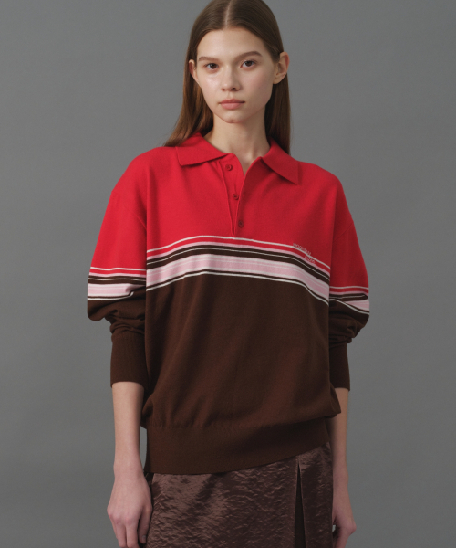 MOONSUN（ムーンサン）の「M.C UNISEX, Point Stripe Collar Knit / Red Pink（ニット/セーター・メンズ・その他・MEDIUM/LARGE）」の2枚目の写真