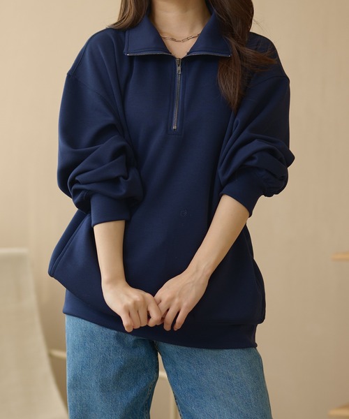 DAYRA（デイラ）の「スタンドカラー ハーフジップ スウェット 長袖 プルオーバー（スウェット・レディース・グレー/ライトグレー/ブラウン/グリーン/ブラック/グレイッシュベージュ/ネイビー・FREE/S）」の7枚目の写真
