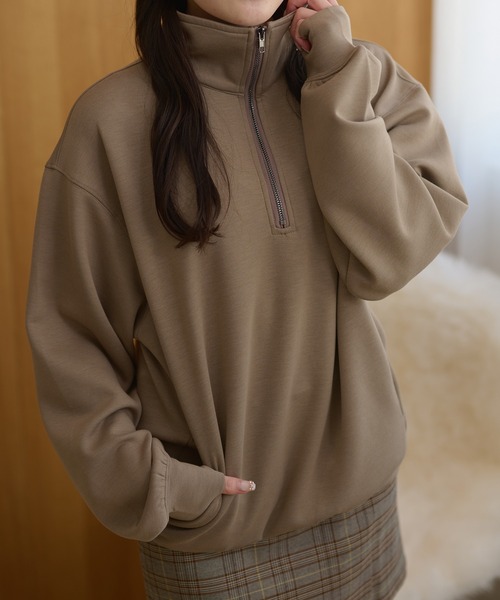 DAYRA（デイラ）の「スタンドカラー ハーフジップ スウェット 長袖 プルオーバー（スウェット・レディース・グレー/ライトグレー/ブラウン/グリーン/ブラック/グレイッシュベージュ/ネイビー・FREE/S）」の5枚目の写真