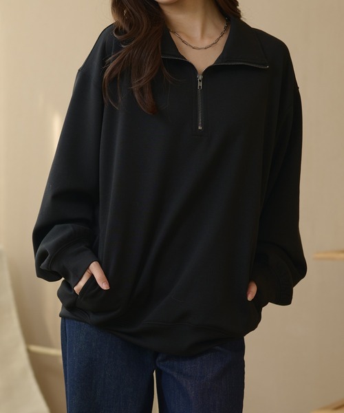 DAYRA（デイラ）の「スタンドカラー ハーフジップ スウェット 長袖 プルオーバー（スウェット・レディース・グレー/ライトグレー/ブラウン/グリーン/ブラック/グレイッシュベージュ/ネイビー・FREE/S）」の15枚目の写真