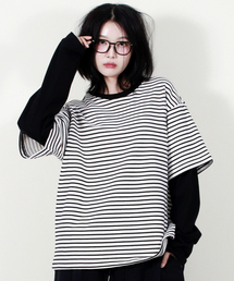 LAYERED SLEEVE BOXY FIT CREW NECK T-SHIRT STRIPE-IVORY