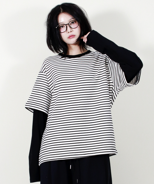 DEMARC(ドゥマーク)の「LAYERED SLEEVE BOXY FIT CREW NECK T-SHIRT STRIPE-IVORY(Tシャツ/カットソー・レディース・その他・MEDIUM/LARGE)」の3枚目の写真