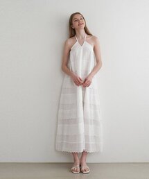 レースフリルホルターネックロングドレス - ホワイト