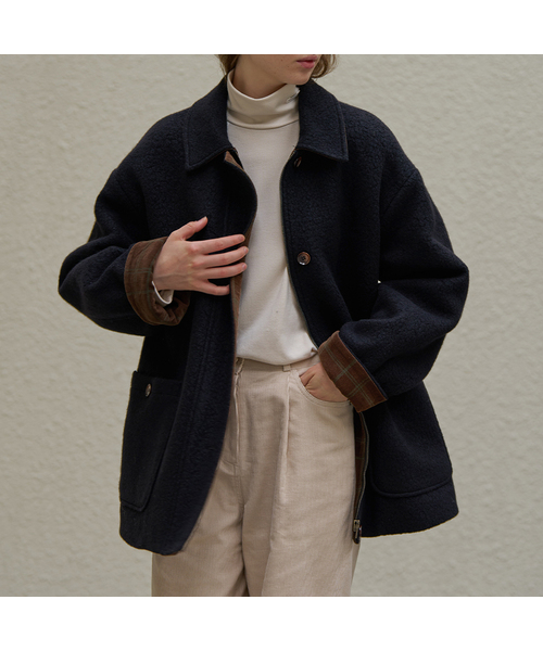 KNOWNBETTER（ノウンベター）の「Wool blend roll-up check half Coat [KNFW05CT03]_[2color]（チェスターコート・レディース・ブラック/ブラウン・FREE）」の2枚目の写真