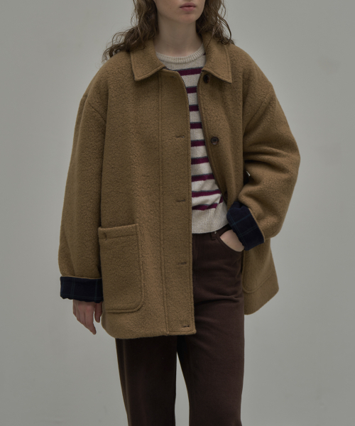 KNOWNBETTER（ノウンベター）の「Wool blend roll-up check half Coat [KNFW05CT03]_[2color]（チェスターコート・レディース・ブラック/ブラウン・FREE）」の5枚目の写真