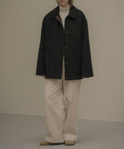 KNOWNBETTER（ノウンベター）の「Wool blend roll-up check half Coat [KNFW05CT03]_[2color]（チェスターコート・レディース・ブラック/ブラウン・FREE）」の7枚目の写真