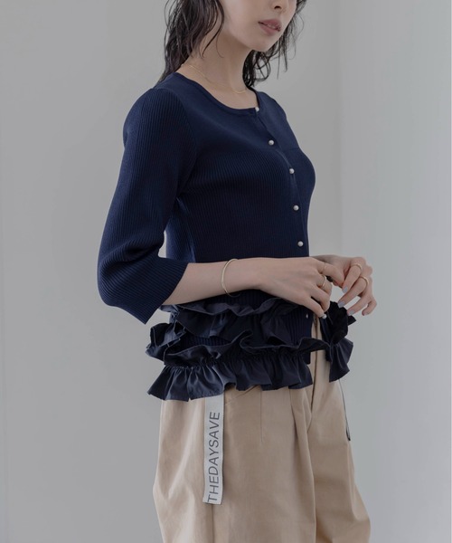 新品　エイミーロウ　ギャザーフリルヘムリブニットカーデ　ブラック　イシカワラボ Eimee Law（エイミーロウ） カーディガン ギャザーフリルヘム