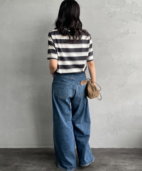FRED PERRY（フレッドペリー）の「[FRED PERRY/フレッドペリー] ファインストライプ ワンポイントロゴ刺繍Tシャツ（Tシャツ/カットソー・レディース・グリーン/ライトグレー・L/M/S）」の12枚目の写真