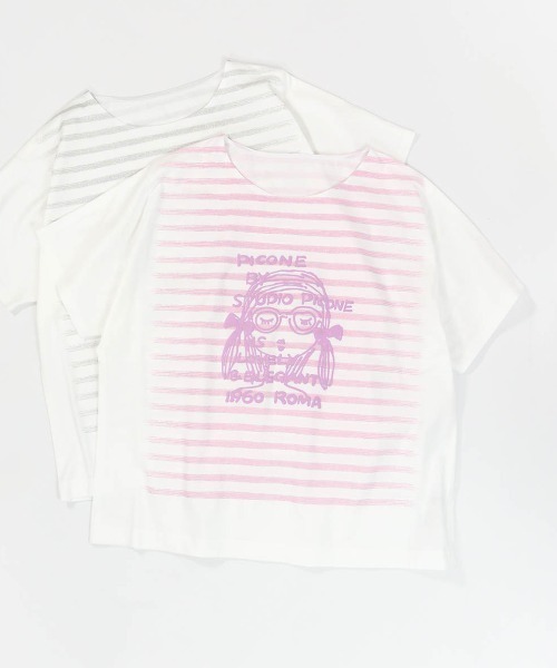 STUDIO PICONE(スタジオピッコーネ)の「ラメボーダー冷感プルオーバー(Tシャツ/カットソー・レディース・ホワイト×ピンク/ホワイト×グレー・M/L/LL)」の1枚目の写真
