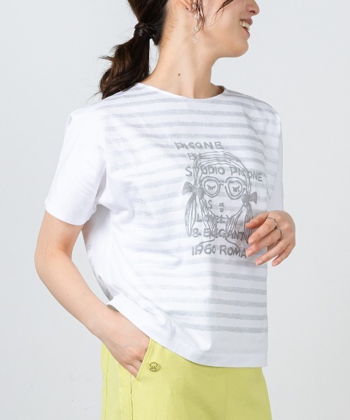 STUDIO PICONE(スタジオピッコーネ)の「ラメボーダー冷感プルオーバー(Tシャツ/カットソー・レディース・ホワイト×ピンク/ホワイト×グレー・M/L/LL)」の5枚目の写真