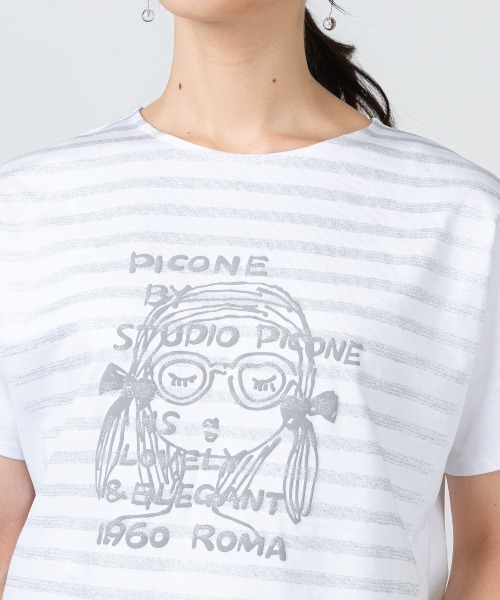 STUDIO PICONE(スタジオピッコーネ)の「ラメボーダー冷感プルオーバー(Tシャツ/カットソー・レディース・ホワイト×ピンク/ホワイト×グレー・M/L/LL)」の6枚目の写真