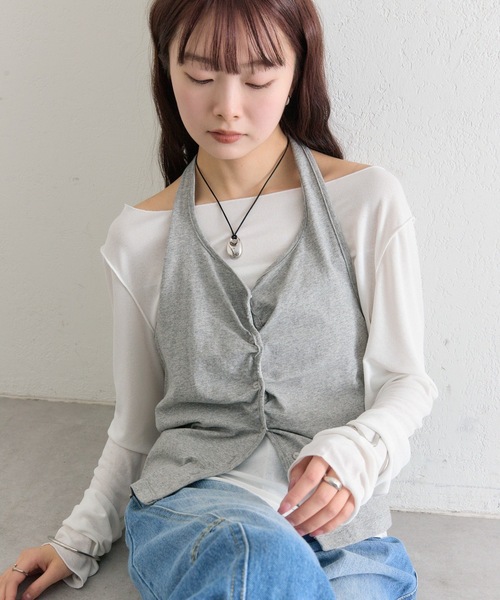 mystic(ミスティック)の「ホルタービスチェセットロンT(Tシャツ/カットソー・レディース・グレー/オフホワイト/ブルー・FREE)」の2枚目の写真