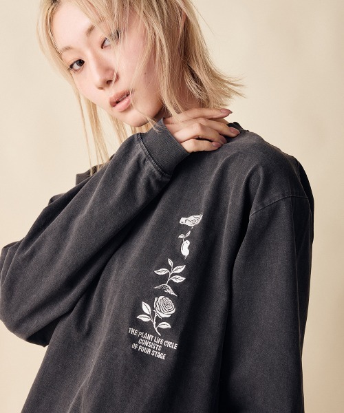 rehacer(レアセル)の「rehacer : Flower Cycle Vintage L/ST-Shirt / フラワーサイクルヴィンテージ ロングスリーブ T shirt(Tシャツ/カットソー・レディース・スミクロ/ネイビー/ホワイト・MEDIUM/SMALL)」の3枚目の写真