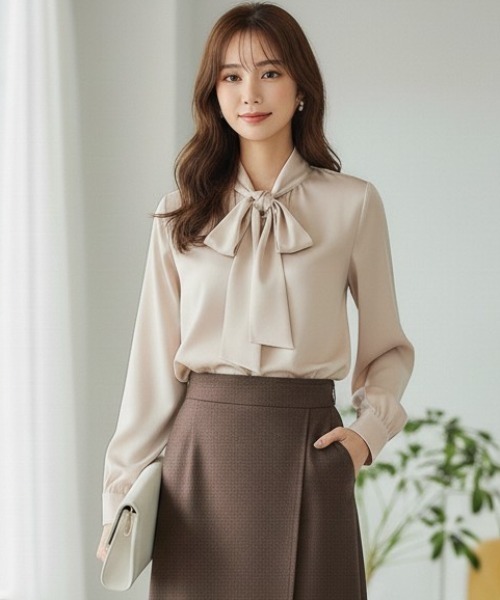 Perfect Suit FActory(パーフェクトスーツファクトリー)の「リボンギャザー ボウタイブラウス ブラック/グレー/ベージュ(Tシャツ/カットソー・レディース・ブラック/グレー/ベージュ・S/M/L)」の2枚目の写真