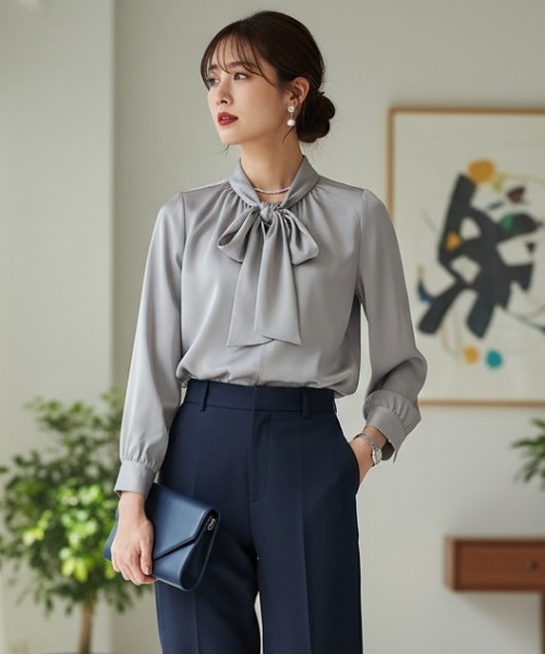 Perfect Suit FActory(パーフェクトスーツファクトリー)の「リボンギャザー ボウタイブラウス ブラック/グレー/ベージュ(Tシャツ/カットソー・レディース・ブラック/グレー/ベージュ・S/M/L)」の3枚目の写真