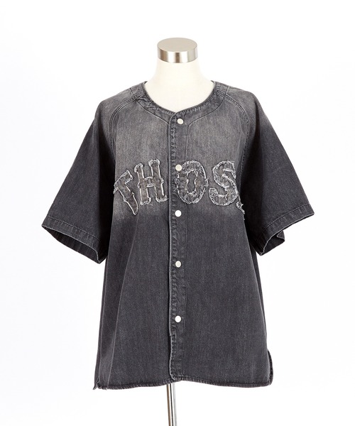 a.p.o.v.(エーピーオービー)の「a.p.o.v. ビンテージライクウォッシュドデニム共生地アーチロゴオーバーサイズベースボールシャツ(シャツ/ブラウス・メンズ・ブルー/ブラック/ライトブルー・ONESIZE)」の12枚目の写真