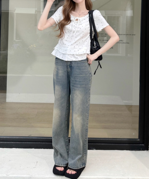Ada.(エイダ)の「ドットデザイン フロントリボン付き Vネック 裾フリル半袖カットソー(Tシャツ/カットソー・レディース・グレー/ホワイト/ブラック・FREE)」の4枚目の写真